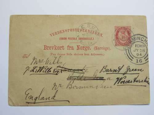 Pre-printed card sent from Norway to England and cancelled 28/07/1894, received and sent 24/07/1894
