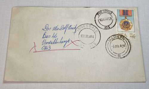 Postal cover from Marken, Limpopo to Voortrekker hoogte - Also with Pretoria and Innesdale cancels