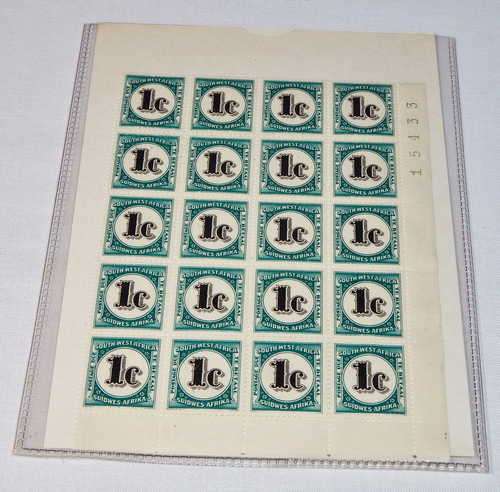 South West Africa SACC 56 Postage Due block of 20 stamps - Mint