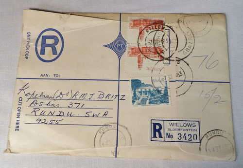 Registered letter from Willows post office through Windhoek to Rundu - 1983 with 3 RSA stamps