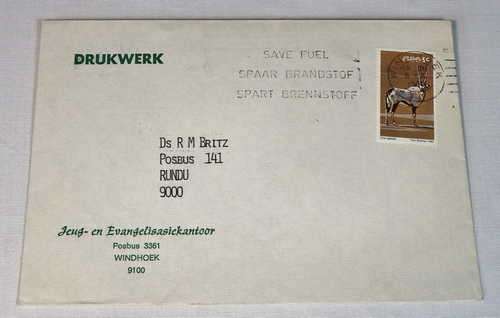 Jeug en Evangelisasiekantoor postal stationery - Drukwerk - SWA posted Windhoek to Rundu