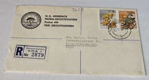 Registered letter sent from Grootfontein SWA to Ficksburg RSA with 2 SWA stamps