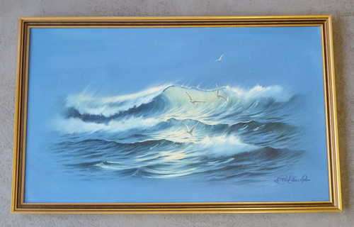 Keith English oil painting of breaking waves and seagull