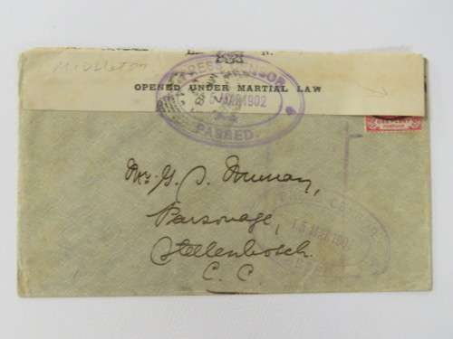 Boer War cover MIddleton to Stellenbosch with Cape of Good Hope 1d stamp cancelled 14 March 1902