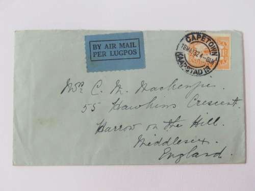 Airmail cover Cape Town to Middlesex England with SACC 41 One shilling stamp cancelled 18 May 1932