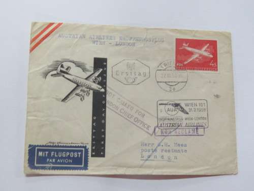 Austrian first day cover from Wien to London - Air Mail - Austrian stamp cancelled 27/3/1958