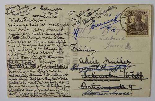Inter Germany postcard in Solingen 2-12-1919 and redirected back to Solingen