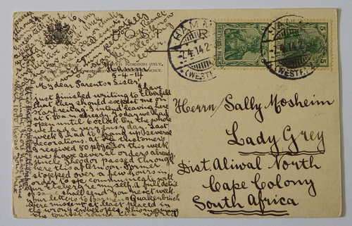 Postcard from HAMM, Germany to Lady Grey Cape Colony posted 2-4-1914 - With 2 German stamps
