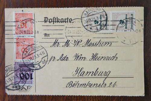Inter German (Hamburg) on 24-11-1923 - With 5 German Inflation period post WW1 stamps