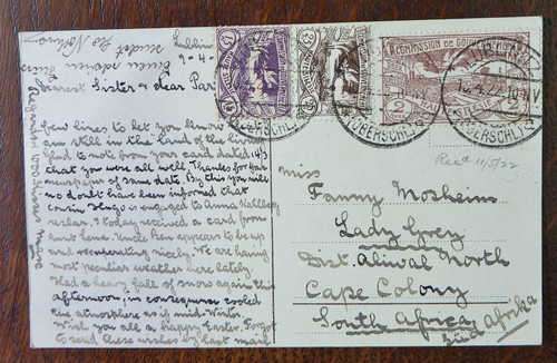 Postcard from Lublinitz (Southern Poland) to Lady Grey, Cape Colony with 3 HAUTE SILESIE stamps