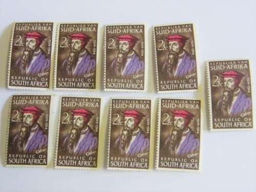 SACC 247 Calvyn - Lot of 9 stamps with variations - 3x black mark on jacket - White mark behind neck