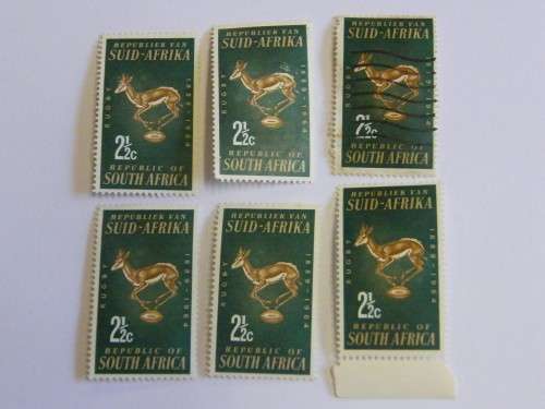 SACC 245 6x Springbok Rugby stamps with variations - 3x dot behind Springbok`s head