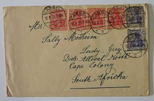 Postal cover from CASSEL Germany (Now Northern France) 10-08-1920 to Lady Grey, South Africa