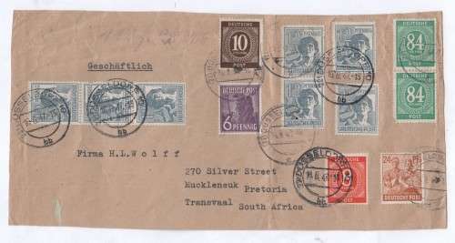 Front with 13 German stamps from Dusseldorf, Germany to Pretoria, South Africa