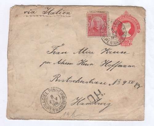 WW1 Brazil cover uprated with 100 Reis stamp via Italy to Hamburg, Germany