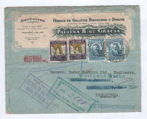 Columbia cover to England with 4 Columbia stamps and various rubber stamp marks