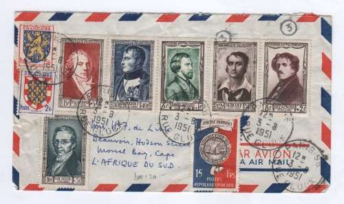 1951 Airmail cover with 9 French stamps posted Rue Cluck, Paris to Mossel Bay, South Africa