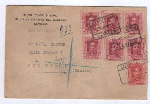 Registered cover Sevilla Spain to Rio Tinto, Portugal with 7 Spanish stamps including 25 cent