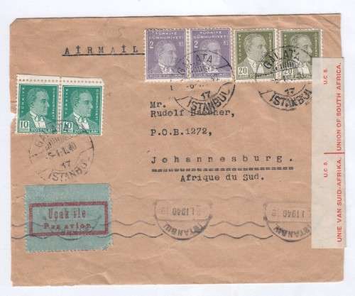 WW2 period cover Istanbul, Turkey to Johannesburg, South Africa - 1940
