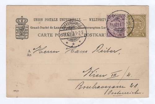 Postcard Luxembourg to Vienna, Austria 1912 with 2x Luxembourg stamps - Letter written 12-12-12
