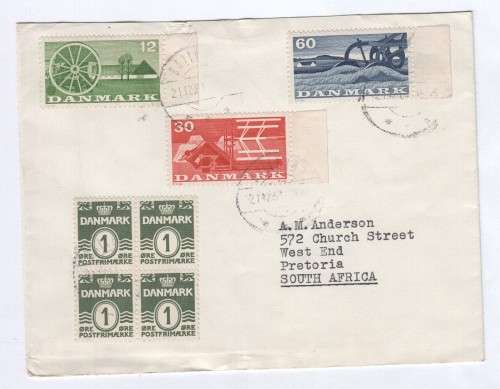 Envelope with 7 Danish stamps posted from Denmark to South Africa - 1961