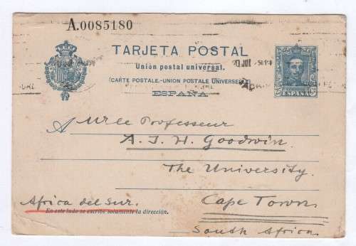 1909 Postcard Spain to Cape Town - Addressed to Prof. Goodwin of UCT from Prof. Obermaier in Madrid