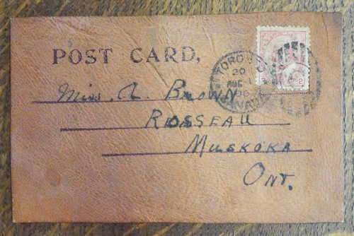Unusual postcard on leather - Toronto Canada to Muskoka, Ontario