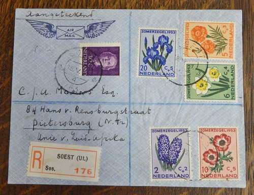 Registered airmail cover from Soestdijk Netherlands to Pietersburg, South Africa