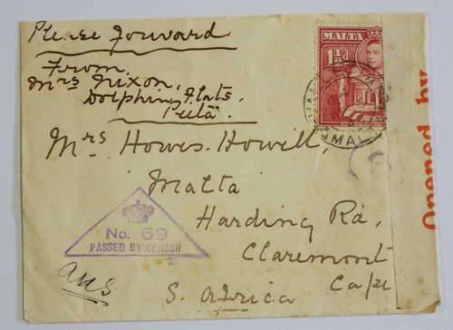 6 April 1940 Censored cover from Valletta, Malta to Claremont, South Africa