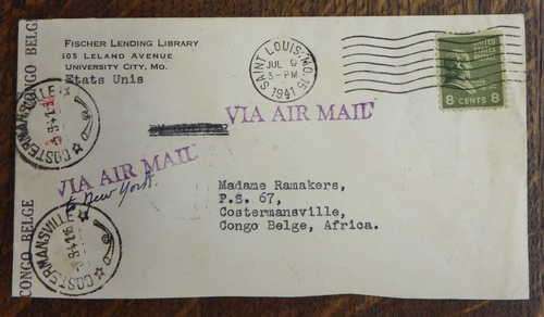 WW2 Cover from Saint Louis, USA to Costermansville - Belge Congo 9 July 1941