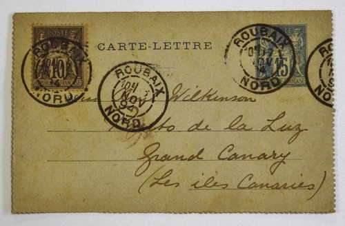 Postcard from Roubaix, France to Canary Islands 1894 - With Pre printed french stamp