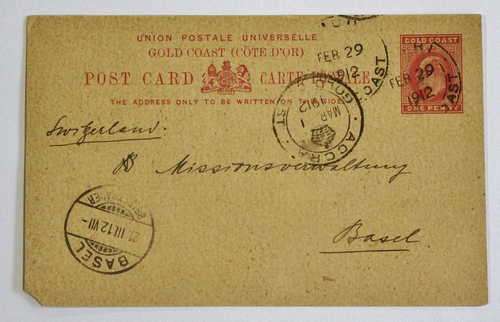 1912 Postcard from Gold Coast to Basel, Switzerland - One corner missing