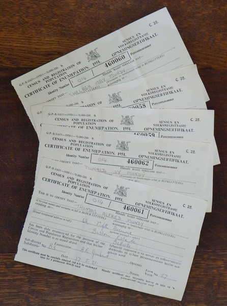 South African 1951 Census documents - For the MUNDY family (5 x certificates)