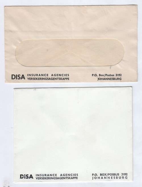 2 Different DISA Insurance Agencies Johannesburg envelopes - Unused
