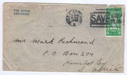 Airmail cover Ireland ti Kimberley, South Africa with 2/6 Irish stamp cancelled 25 July 1947