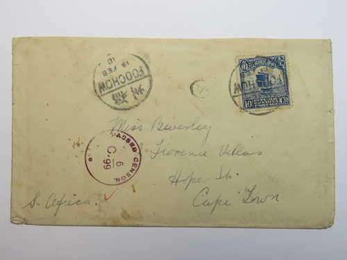 Postal cover from Foochow, China to Cape Town, South Africa