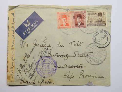 Air Mail cover WW2 period Egypt to Worcester, South Africa - Redirected to Middelburg