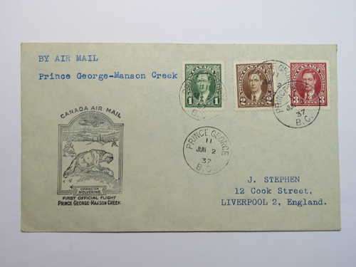1937 Canadian airmail cover from Prince George, Canada to Liverpool, England