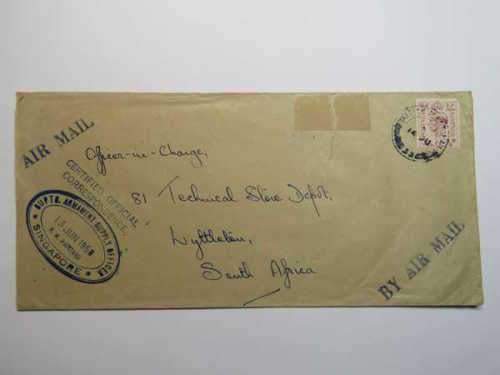 Certified Official Correspondence Air Mail British Fleet to South Africa from Singapore