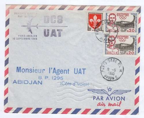 French airmail cover to Abidjan, Ivory Coast - 9 September 1960
