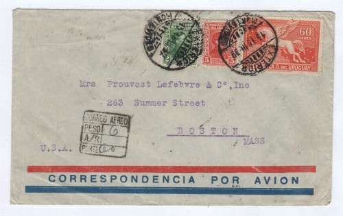 Flight cover exterior Montevideo, Uruguay to Boston USA - with 3 Uruguay stamps cancelled 1932