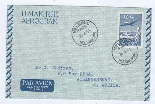 Aerogramme Helsinki, Finland to Johannesburg, South Africa with 20 makka stamp cancelled 26-04- 1951