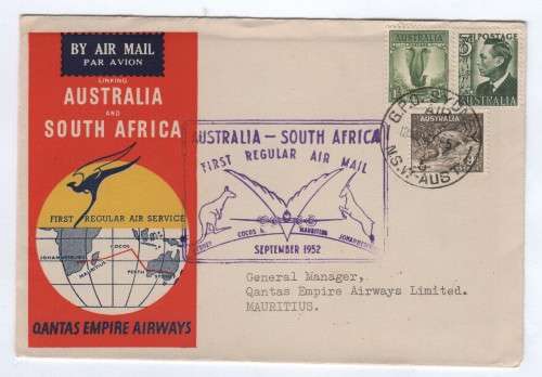 Australia-South Africa first regular flight to Mauritius - September 1952 with 3 Australia stamps
