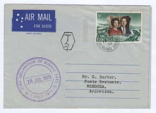 Airmail cover - 1973 Falk Islands to Mendoza, Argentina with joint declaration of Buenos Aires
