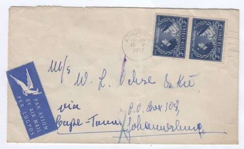 South African stamps used on flight cover in South West Africa - Windhoek via Cape Town to Jhb