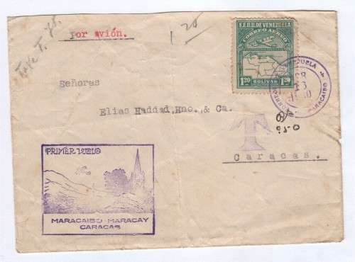 Taxed Venezuela  cover - Airmail 16 April 1930 - Primer Vuelo rubber stamp