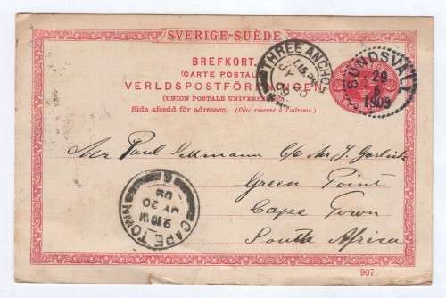 Postcard from Sundsvale, Sweden to Three Anchor Bay, South Africa - June 1909 - Via Cape Town