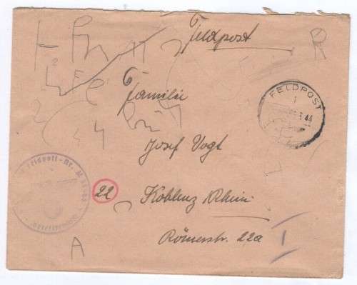 1944 German Feldpost letter to Josef Vogl - Various marks