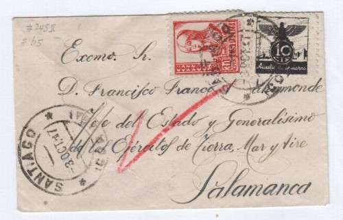 WW1 War Charity tax and definitive used together -1917- Sent to General Franco at Salamanca Santvago