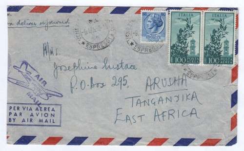 1958 Airmail cover from Venice, Italy to Tanganyika with 3 Italian stamps and airmail rubber cancel